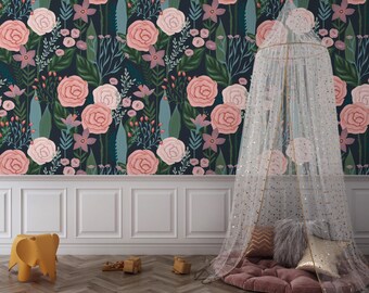 Dark Floral Wallpaper – Peel and Stick Wall Mural, Peony Flowers
