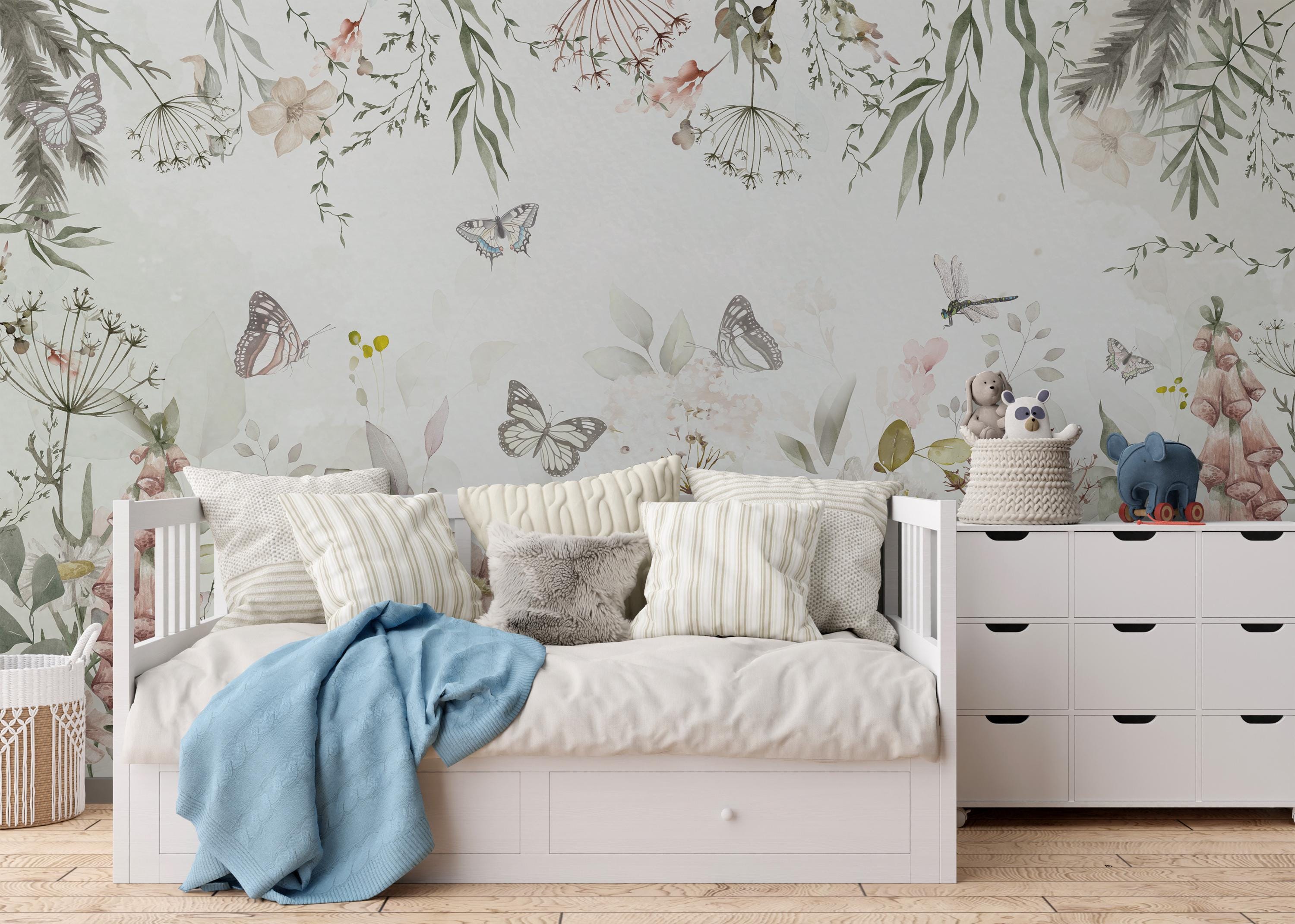 Botanical Butterfly Wallpaper – Watercolor Floral Wall Mural, Peel and ...