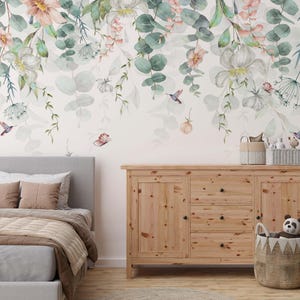 Eucalyptus Flower Peel and Stick Wallpaper - Boho Watercolor Floral Botanical - Peel and Stick Wallpaper -  Soft Color Mural