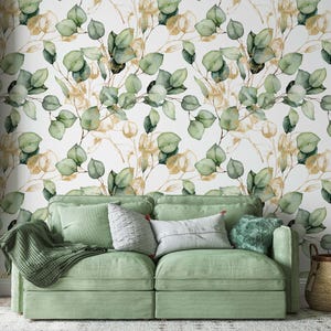 Eucalyptus Leaf Pattern Wallpaper - Peel and Stick Gold Detail Leaf Watercolor Wall Mural - Leaves Branches - Removable Wallpaper