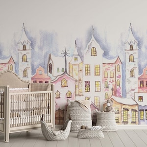 Kids Wallpaper Cute City Wallpaper - Nursery Wall Mural - Watercolor Cute City Wallpaper - House Wall Mural - Peel and Stick Wall Mural