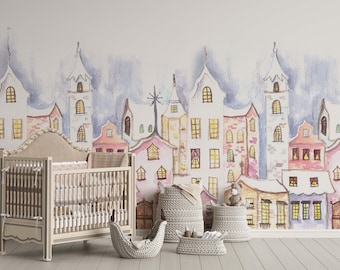 Cute City Kids Wallpaper – Watercolor Nursery Wall Mural, Peel and Stick
