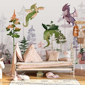 Dragon Wallpaper - Wallpaper for Children&#39;s Kids Room - Dragon Wall Mural - Peel and Stick-Watercolor Dragon Forest