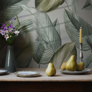 Tropical Leaf Wallpaper - Peel and Stick - Exotic Leaves Wall Mural - Big Leaf Wallpaper - Vintage Tropical Leaves Wallpaper