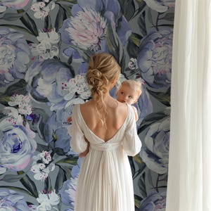 Peony Flowers Wallpaper - Blue Big Floral Wall Decor - Peel and Stick Canvas - Wallpaper