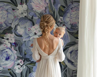 Peony Flowers Wallpaper - Blue Big Floral Wall Decor - Peel and Stick Canvas - Wallpaper