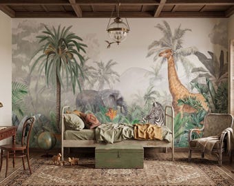 Jungle Kids Room Wallpaper, Safari Nursery Wall Mural, Playroom Wall Decor, Neutral Animal Wallpaper, Peel and Stick