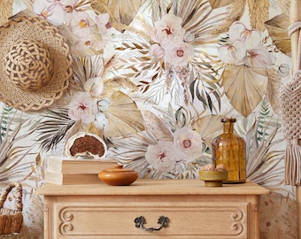 Boho Botanical Wallpaper Mural – Beige Watercolor, Peel and Stick