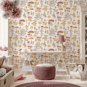 Kidsroom Mushroom Wallpaper - Mushroom Wall Mural - Peel and Stick - Botanical Wallpaper - Mushroom Removable Wall Mural