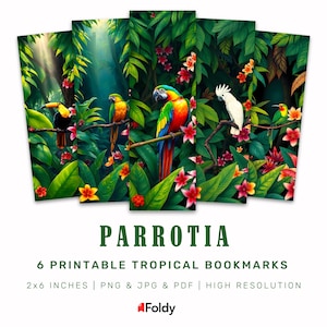 Tropical Parrot Digital Bookmarks Set - 6 Printable Designs | PNG, JPG & PDF