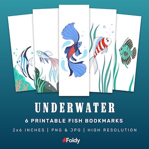 Underwater Fish Bookmark Set – 6 Printable Ocean Bookmarks with Colorful Tropical Fish – Digital PNG & JPG Files – 2x6 Inch Bookmarks