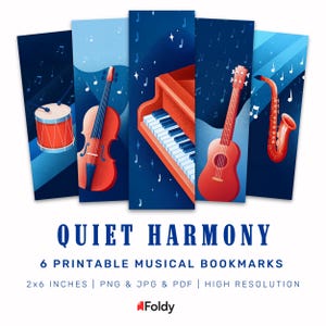 Printable Musical Bookmarks Set of 6 – Colorful Instrument Theme | Music Lover Gift | Digital PNG JPG Files | High Resolution 2x6 Inches