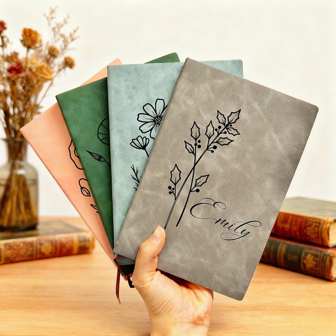 Custom Leather Journal With Name, Engrave Birthflower Journal ...