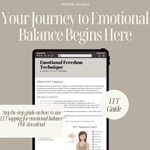 Könnte beinhalten: Ein digitales Tablet zeigt einen Leitfaden zur Emotional Freedom Technique (EFT), mit dem Text „Ihre Reise zum emotionalen Gleichgewicht beginnt hier“. Das Bild enthält eine EFT-Tapping-Tabelle und Anweisungen.