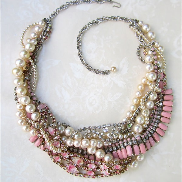 Pink Rhinestone Pearl Bib Necklace Bridal Statement For Vintage Wedding Necklace (Tomm Binns Inspired)