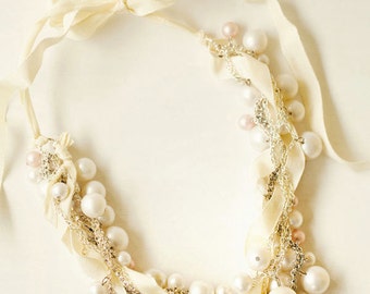 Chunky Pearl Ribbon Necklace Wedding Jewelry Twisted Ivory Ribbon Bridal Statement Vintage Silver and Ivory Pearl - Pearls Gone Wild