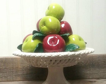 Made in Italy Beautiful Red and Green Apples on a White Pedestle Capodimonte Pottery Topiary Collectable