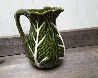 Cabbage leaf majolica pitcher or vase made in Portugal by Olfaire