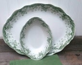 Antique Porcelaine Royal Pitcairns Limited in the Myrtle pattern Large Platter and Small Serving Bowl in Myrtle Green Transferware England