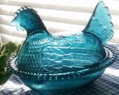 BLUE Glass Hen on Nest 1960s Carnival Glass Easter Table Top Decor