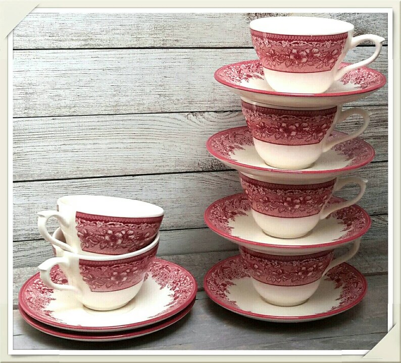 Red Transferware Large Tea Cups and Saucers Set of 6 Etsy