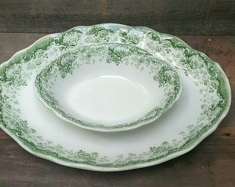 Antique Porcelaine Royal Pitcairns Limited in the Myrtle pattern Large Platter and Small Serving Bowl in Myrtle Green Transferware England