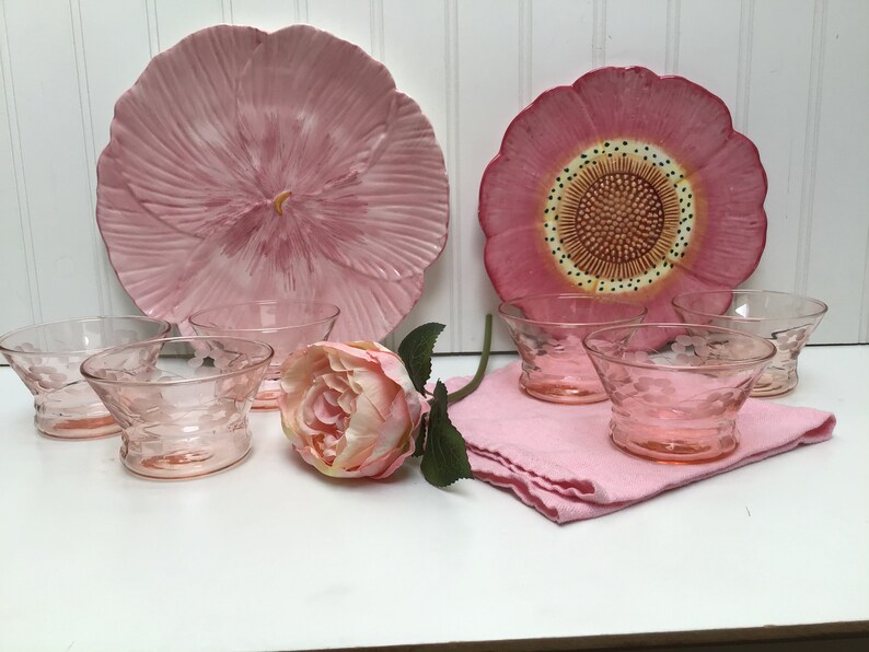 Pretty pink daisy depression glass ice cream bowls set of six Etsy