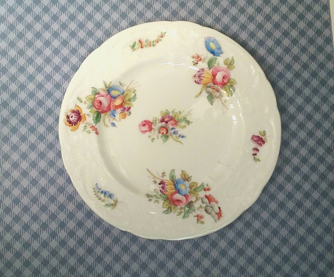 Beautiful White China Plates With Florals and Embossed Rims Etsy