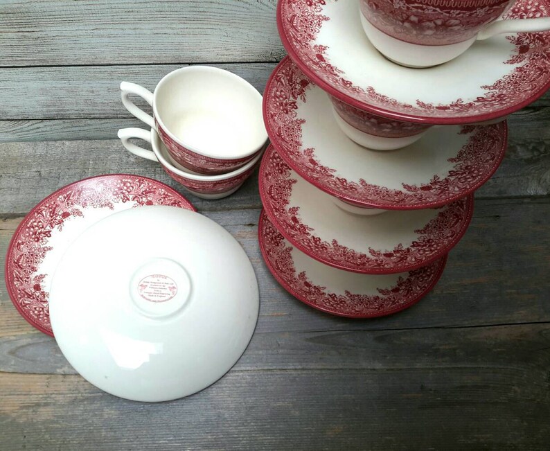 Red Transferware Large Tea Cups and Saucers Set of 6 Etsy