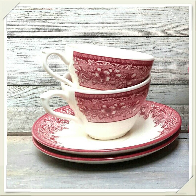 Red Transferware Large Tea Cups and Saucers Set of 6 Etsy