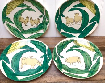 Made in England set of four Farmhouse Animal salad plates with corn leaves by Somerset for Williams Sonoma