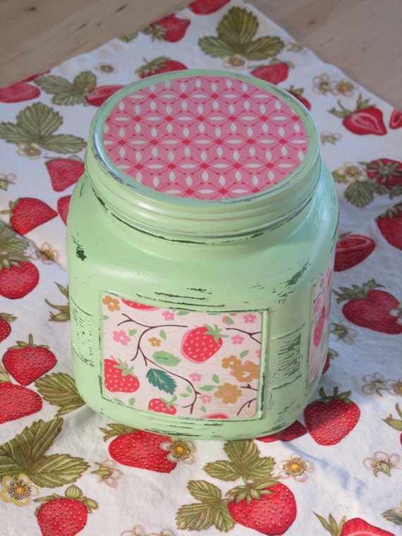 Items similar to Mint and Strawberry Mason Storage Jar, Hand Painted
