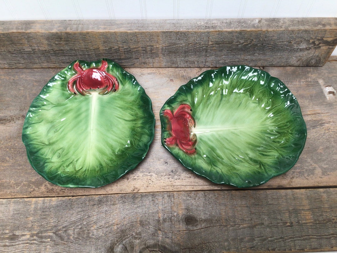 Lettuce Leaf Serving Plates With Red Majolica Crabs Vintage Made in