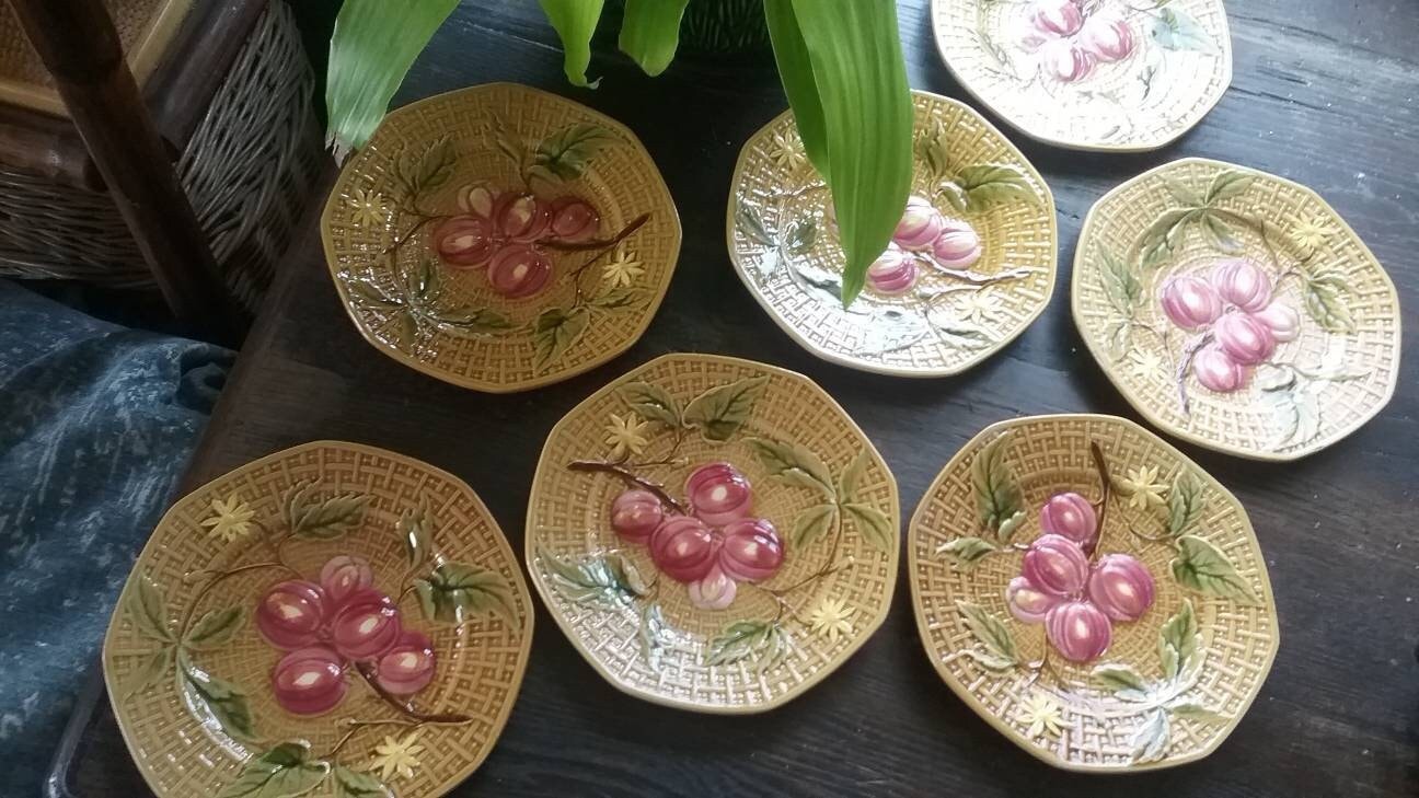 Rare Set of Eight Antique Majolica Wicker and Fruit Dessert Plates 19101920 Made in Germany by Zell