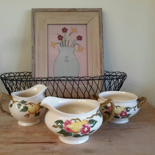 RARE PEACH BLOOM pattern shops by Johnson Brothers set of three Creamer,Sugar,Gravy Pitcher