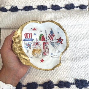 Large Decoupage oyster shell trinket dish. “Patriotic cocktails”  Size and shape may differ slightly as each shell is unique.