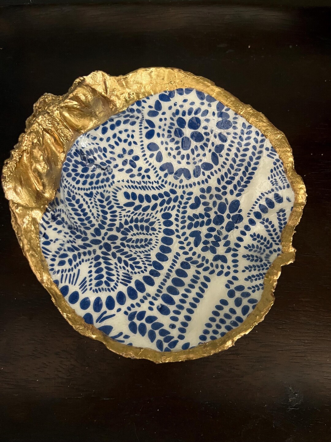 Shell Gold Rim Handmade Oyster Shell Trinket Dish: Blue Dots, Gold Rim - Etsy