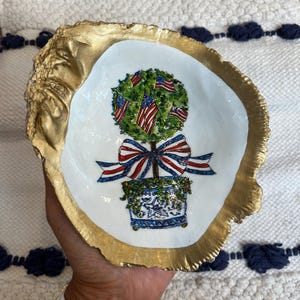Decoupage oyster shell trinket dish. “American Topiary”  Size and shape may differ slightly as each shell is unique.