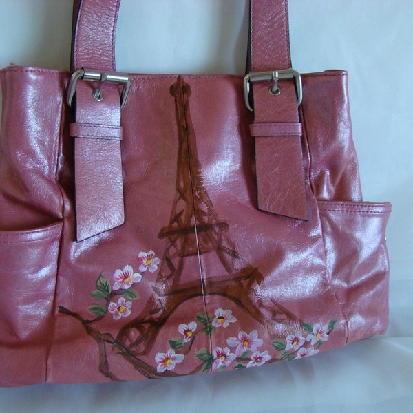 Eiffel Tower with Cherry Bloosm - pink leather bag - Hand painted OOAK