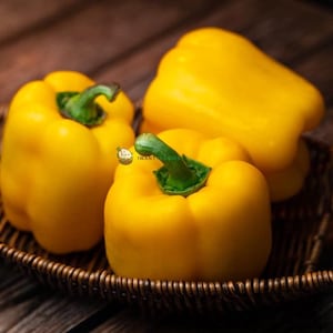 Może przedstawiać: Trzy jasnożółte papryki z zielonymi łodygami ułożone są w brązowym wiklinowym koszu. Papryki leżą na drewnianej powierzchni. Obraz jest dobrze oświetlony, podkreślając żywe kolory i faktury warzyw.