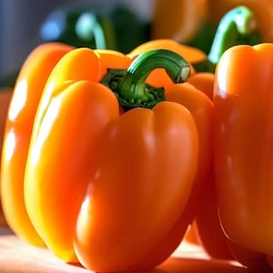 Może przedstawiać: Zbliżenie kilku jasno pomarańczowych papryk z zielonymi łodygami. Papryki są dojrzałe i mają gładką, błyszczącą powierzchnię. Obraz podkreśla żywy kolor i świeżość warzyw.