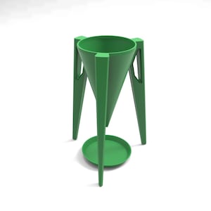 May include: A green plastic plant stand with a cone-shaped planter and a circular tray underneath. The stand has three legs.