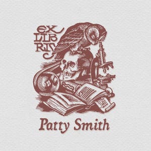 May include: A sepia-toned illustration featuring a skull, owl, microscope, and open book. The text "EX LIBRIS" is above the skull, and "Patty Smith" is below. The image has a vintage, scholarly aesthetic.