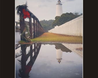 Ocracoke Island Lighthouse during the Holidays Photographic Print matted in black North Carolina