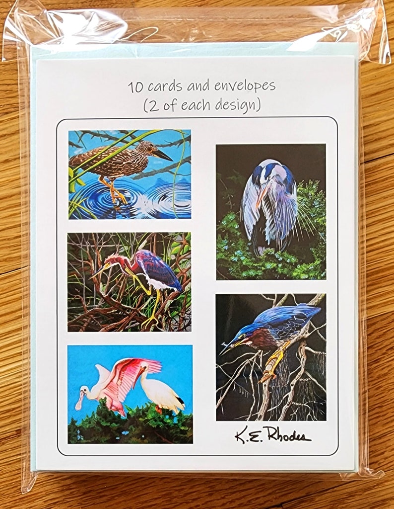 Bird Art Note Card set Herons Ibis and Spoonbill plus envelopes pack of 10 image 3