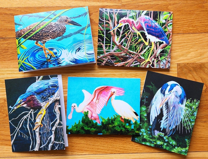 Bird Art Note Card set Herons Ibis and Spoonbill plus envelopes pack of 10 image 1