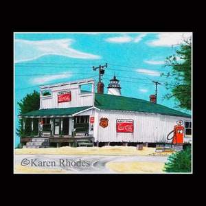 May include: A hand-drawn illustration of a white building with a green roof and a small lighthouse on top. The building has a porch with a wooden railing and a sign that says "Albert Store Coca-Cola". There is a red gas pump in front of the building and a sign that says "Route 66".