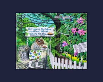 Mr Figgums Fig Cake Print North Carolina Howard street Ocracoke squirrel matted artwork