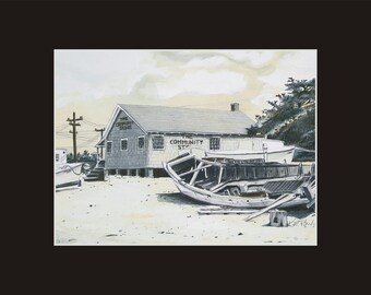 11x14 Community Store Matted and signed Print 1950s rendering Ocracoke North Carolina