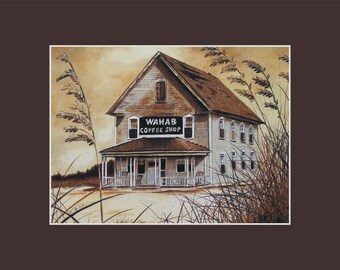 11x14 Wahab Coffee Shop Matted and signed Print 1940s rendering Ocracoke North Carolina